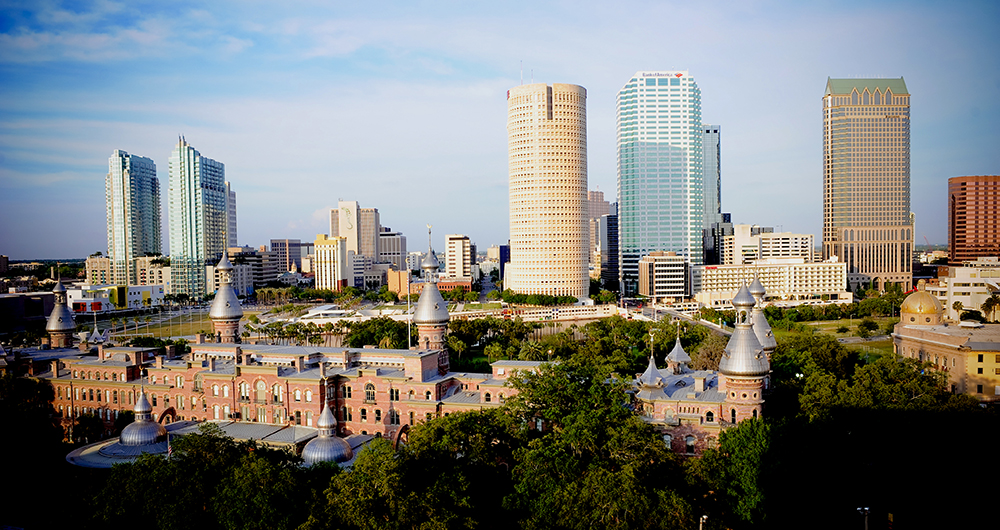 Aerial of Plant Hall and the downtown skyline