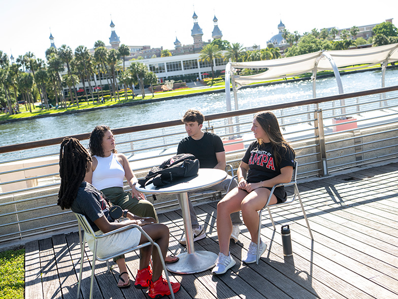 Students talking with UT in the background.