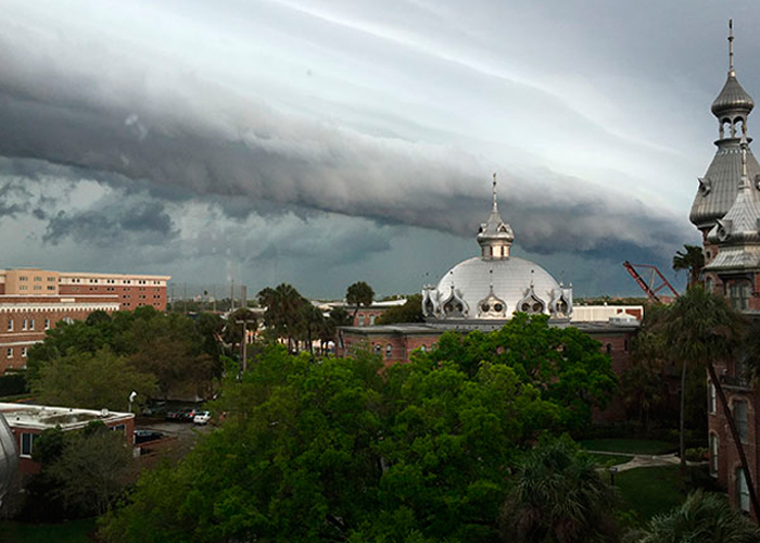 campus with dark clouds 