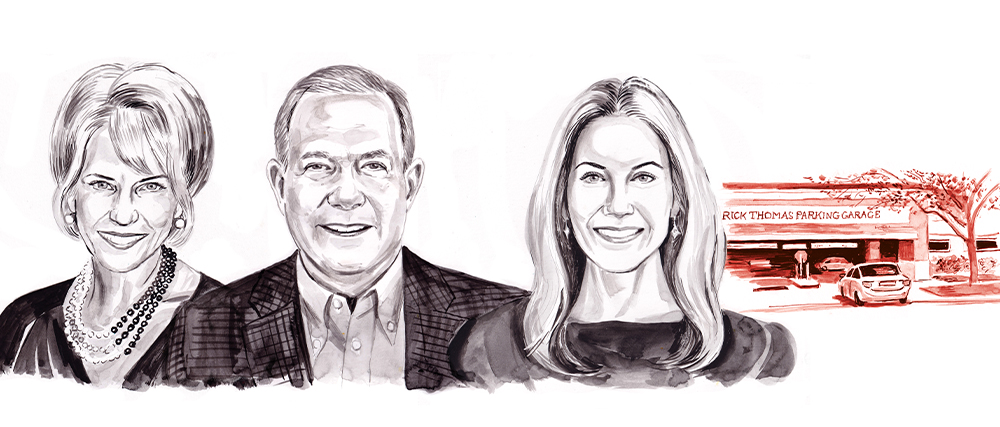  Illustration of Sandy Thomas ’72, Rick Thomas ’72 and Lauren Thomas Compton MBA ’04