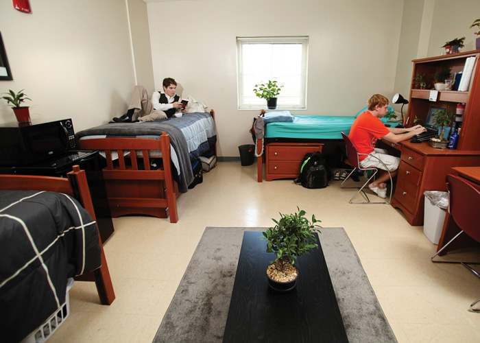 Students sitting on a bed and at a desk