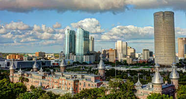 Aerial photo of Plant Hall with downtown Tampa in the background