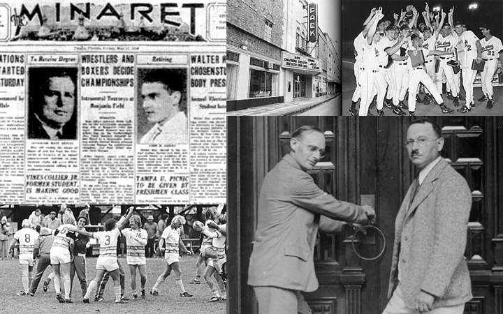 Collage with Minaret newspaper, soccer team, baseball team, Falk Theater and 2 men opening a door in Plant Hall